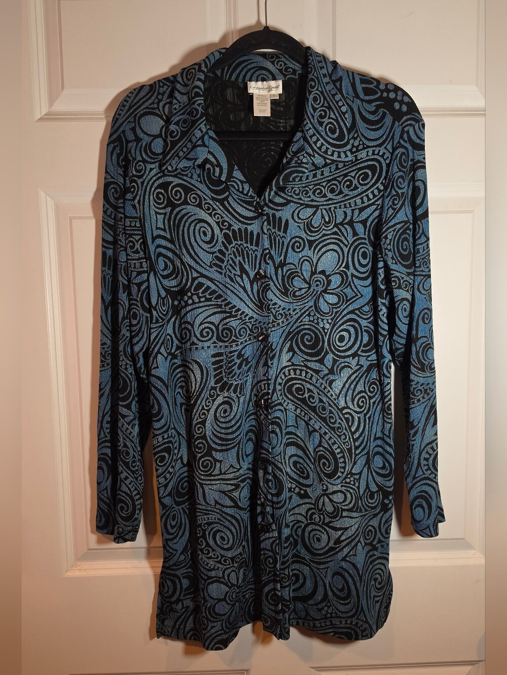 Coldwater Creek Vintage Stretchy Blue & Black Paisley Button Front Tunic Top L